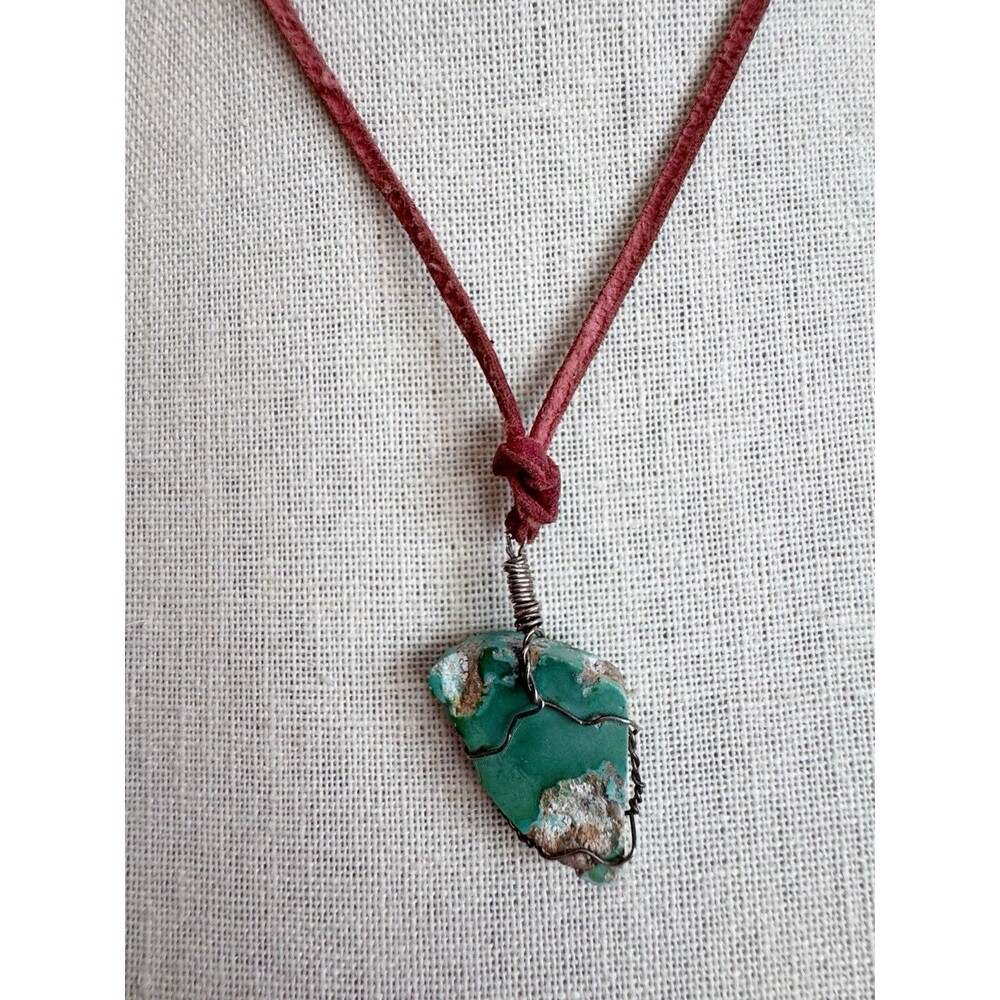 Vtg Variscite Stone Wire Wrap Pendant Necklace Leather Cord Boho Earthy Fairy